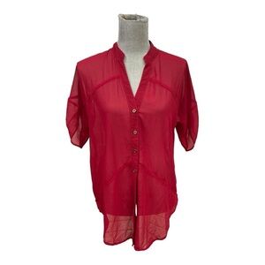 Excuse me Miss Womens Red Sheer Button down Sheer Career Work
Blouse Sz L